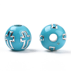 Pale Turquoise Plating Acrylic Beads, Silver Metal Enlaced, Round with Cross, Pale Turquoise, 8mm, Hole: 2mm, about 1800pcs/500g