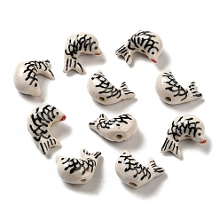 White Handmade Printed Porcelain Beads, Famille Rose Porcelain, Fish, White, 14~15x20~20.5x10~10.5mm, Hole: 1.8~2mm