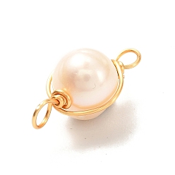 Floral White Natural Cultured Freshwater Pearl Beads Links Connectors, with Real 18K Gold Plated Eco-Friendly Copper Wire, Round, Floral White, 18.5~20x7.5~8x7mm, Hole: 2.5mm