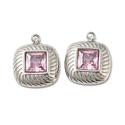 Stainless Steel Color 304 Stainless Steel Charms, with Pink Glass, Square, Stainless Steel Color, 14.5x12x3mm, Hole: 1.2mm