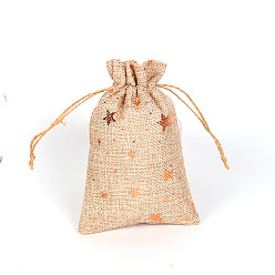 Star Rectangle Hot Stamping Burlap Packing Pouches Drawstring Bags, for Christmas, Wedding Party and DIY Craft Packing, Star, 15x10cm