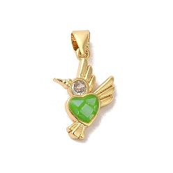 Зеленый лайм Стойки обшивки латунь кубического циркония подвески, с эмалью и ракушкой, долговечный, без свинца и без кадмия, реальный 18 k позолоченный, птица с сердцем, зеленый лайм, 18x12x3 мм, отверстие : 5x4 мм