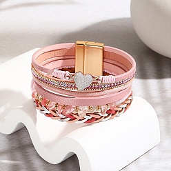 Pink PU Leather Mulit-strand Bracelets with Chips Beaded, with Magnetic Clasp, Pink, 7-5/8 inch(19.5cm)