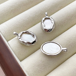 Platinum Natural White Shell Pendants, Oval Charms with Brass Findings, Platinum, 20x12mm