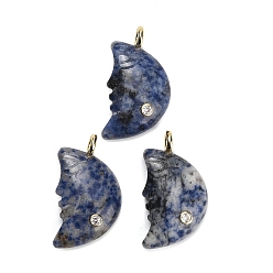Blue Spot Jasper Natural Blue Spot Jasper Pendants, Moon Charms, with Brass Pave Cubic Zirconia Findings, Golden, 40~42x22~24x7~8mm, Hole: 4.5mm