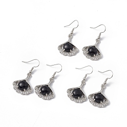 Обсидиан Серьги-подвески из листьев гинкго из натурального обсидиана с кристаллами и стразами, платиновые латунные украшения для женщин, 40 мм, штифты : 0.6 мм