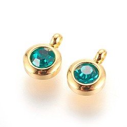 Emerald 304 Stainless Steel Rhinestone Charms, July Birthstone Charms, Flat Round, Emerald, 9.3x6.5x4mm, Hole: 2mm