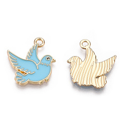 Небесно-голубой Сплав эмали подвески птиц, без кадмия, без никеля и без свинца, золотой свет, голубь мира, голубой, 20x18x2 мм, отверстие : 1.6 мм