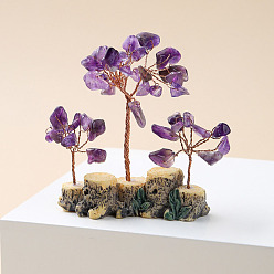 Amethyst Natural Amethyst Chips Tree of Life Decorations, Mini Resin Stump Base with Copper Wire Feng Shui Energy Stone Gift for Home Office Desktop Decoration, 80x80~100mm