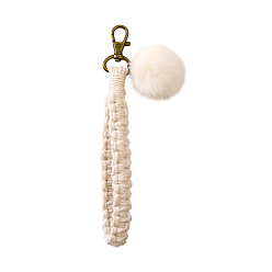 Floral White Handmade Macrame Braided Cotton Cord Pendant Decorations, Boho Weave Wristlet with Fur Ball and Alloy Clasp, Floral White, Perimeter: 230mm