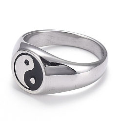 Stainless Steel Color 304 Stainless Steel Finger Rings, Yin Yang Ring, with Enamel, Gossip, Stainless Steel Color, Size 13, Inner Diameter: 22.1mm