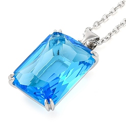 Озёрно--синий Прямоугольные латунные подвески с кубическим цирконием для женщин, 304 из нержавеющей стали кабель цепи ожерелья, цвет нержавеющей стали, Плут синий, 17.91 дюйм (45.5 см)
