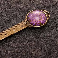 Dark Violet Alloy Ruler Bookmark, Glass Cabochon Bookmark with Dried Queen Anne's Lace Flower Inside, Dark Violet, 120mm