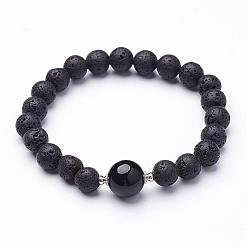 Black Agate Natural Lava Rock Beaded Stretch Bracelets, with Natural Black Agate(Dyed) Beads, 2-1/8 inch(53mm)