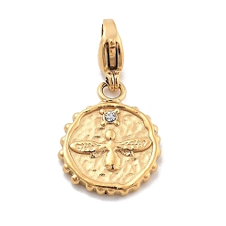 Кристалл Плоская круглая подвеска с пчелой 304 из нержавеющей стали со стразами, украшения с застежкой в виде клешни лобстера, ионное покрытие (ip), реальный 14 k позолоченный, кристалл, 25.5 мм