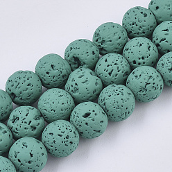 Cyan Foncé Brins de perles de pierre de lave naturelle peintes à la bombe, ronde, dark cyan, 8~9mm, Trou: 0.7mm, Environ 47~48 pcs/chapelet, 15.75 pouce (40 cm)