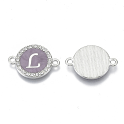 Letter L Alloy Enamel Links Connectors, with Crystal Rhinestones, Flat Round with Letter, Silver Color Plated, Letter.L, 22x16x2mm, Hole: 1.8mm
