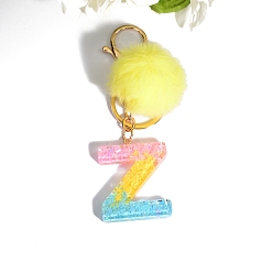 Letter Z Resin Keychains, Pom Pom Ball Keychain, with KC Gold Tone Plated Iron Findings, Letter.Z, 11.2x1.2~5.7cm
