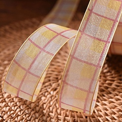 Gold 9M Tartan Print Polyester Organza Ribbons, Garment Accessories, Gift Packaging, Gold, 1 inch(25mm), about 9.84 Yards(9m)/Roll