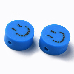 Стально-синий Бусины из полимерной глины , для поделок ювелирных изделий, плоские круглые с улыбающееся лицо, стальной синий, 9x4~5 мм, отверстие : 1.6 мм