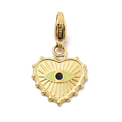 Зелено-Желтый 304 подвеска из эмали из нержавеющей стали, сердце с сглаза, с карабин-лобстерами , ионное покрытие (ip), реальный 14 k позолоченный, зеленый желтый, 27 мм