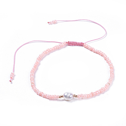 Pink Adjustable Nylon Thread Braided Beads Bracelets, with Glass Seed Beads and Grade A Natural Freshwater Pearls, Pink, 2-1/8 inch(5.3cm)