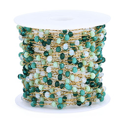 Light Sea Green Glass Faceted Round Beaded Chains, with Real 14K Gold Plated 316 Stainless Steel Paperclip Chains, Soldered, with Spool, Light Sea Green, 3x2mm, about 16.40 Feet(5m)/Roll
