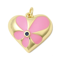 Бледно-Розовый Латунные микро проложить кубического циркония подвески, с эмалью, долговечный, стойки покрытие, без свинца и без кадмия, сердце прелести, реальный 18 k позолоченный, розовый жемчуг, 18.5x20x6.5 мм, Перейти кольцо: 4.5x1 мм, внутренний диаметр: 2 мм