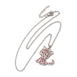 Pink Alloy Rhinestone Cat Pandant Necklace with Cable Chains, Stainless Steel Jewelry for Women, Pink, 17.83 inch(45.3cm)
