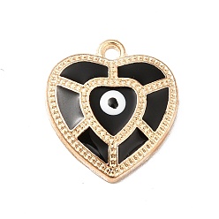 Black Alloy Enamel Pendants, Golden, Heart with Evil Eye, Black, 19x17x3mm, Hole: 1.6mm