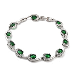 Fern Green Platinum Alloy Teardrop Link Chain Bracelets, with Rhinestone, Fern Green, 8-1/4 inch(21cm), Link: 8.5mm