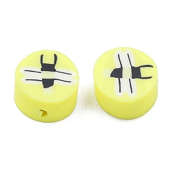 Yellow Handmade Polymer Clay Beads, Flat Round with Fly Pattern, Yellow, 9x5mm, Hole: 1.8mm