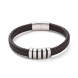 Stainless Steel Color 304 Stainless Steel Rectangle Beaded Bracelet with Magnetic Clasps, Brown Leather Braided Cord Punk Wristband for Men Women, Stainless Steel Color, 8-5/8 inch(21.9cm)