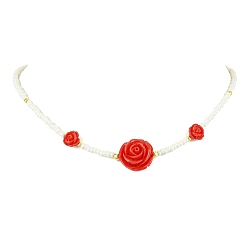 Белый Стекла семян бисера ожерелья, Женские ожерелья из смолы с красными розами, белые, 16.14 дюйм (41 см)