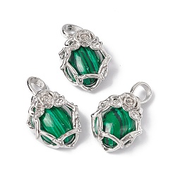 Малахит Синтетического малахита подвески, овальные амулеты, с фурнитурой в виде розы из латуни платинового цвета, без кадмия, без никеля и без свинца, 25~26x19~19.5x9~9.5 мм, отверстие : 7.5x5.5 мм