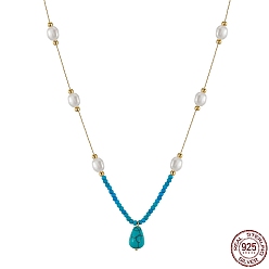 Real 14K Gold Plated Synthetic Turquoise Teardrop Pendant Necklace, Dyed Natural Turquoise & Pearl Beads Necklaces with 925 Sterling Silver Chains, Real 14K Gold Plated, 18.43 inch(46.8cm)