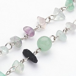 Fluorite Handmade Natural Fluorite Beads Chains for Necklaces Bracelets Making, with Iron Eye Pin, Unwelded, Platinum Color, 39.37 inch(1m)
