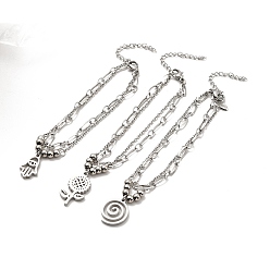 Mixed Patterns 304 Stainless Steel Paperclip & Cable Chains Double Layer Multi-strand Bracelet with Charm for Women, Stainless Steel Color, Mixed Patterns, Pendant: 16~22x10~12.5x2mm, 7-1/8 inch(18cm)