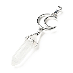 Quartz Crystal Natural Quartz Crystal Double Terminated Pointed Big Pendants, with Platinum Tone Brass Findings, Cadmium Free & Lead Free, Moon with Bullet, Faceted, 70~75mm, Hole: 4.6x8mm