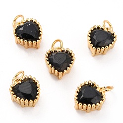 Black Real 18K Gold Plated Brass Inlaid Cubic Zirconia Charms, with Jump Ring, Long-Lasting Plated, Heart, Black, 8.5x7x4mm, Jump Ring: 4x0.5mm, 2.5mm Inner Diameter
