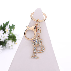 Letter P Crystal Rhinestone Initial Letter with Crown Pendant Keychains, with Light Gold Alloy Findings, Letter.P, 10~10.5cm, alphabet: 40~46x20~45mm
