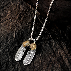 Right single pendant without chain Vintage Feather Silver Necklace - Long Sweater Chain with Gold-Toned Hiroshi Takahashi Pendant.