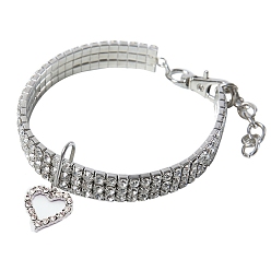 Crystal Adjustable 3-Row Alloy Rhinestone Cup Chain Pet Collars, Slider Heart Pendant Cat Dog Choker Necklace, Crystal, 200mm