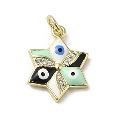 Aquamarine Brass Micro Pave Cubic Zirconia Pendants, with Enamel, with Jump Ring, Real 18K Gold Plated, Star with Evil Eye, Aquamarine, 17.5x13x3.4mm, Hole: 3.2mm