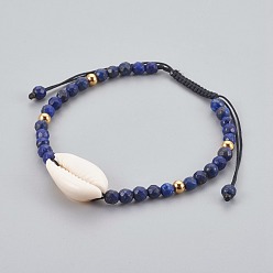 Lapis Lazuli Natural Lapis Lazuli(Dyed) Braided Bead Bracelets, with Cowrie Shell, 2 inch~3-1/8 inch(5~8cm)