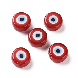FireBrick Handmade Evil Eye Lampwork Beads, Flat Round, FireBrick, 11.5~12x5.5mm, Hole: 1~1.2mm