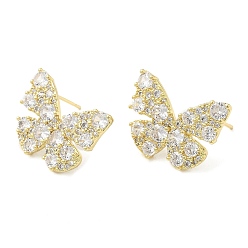 Real 18K Gold Plated Cubic Zirconia Butterfly Stud Earrings, Brass Earrings for Women, Real 18K Gold Plated, 16x21mm