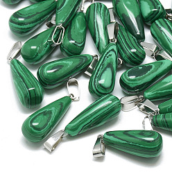 Malachite Synthetic Malachite Pendants, with Stainless Steel Snap On Bails, teardrop, 28~30x10~12mm, Hole: 6x4mm