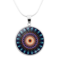 Midnight Blue Glass Mandala Flower Dome Pendant Necklace, Platinum Brass Jewelry for Women, Midnight Blue, 24.21 inch(61.5cm)