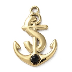 Black Onyx Vacuum Plating 316 Stainless Steel Pendants, with Natural Black Onyx(Dyed & Heated), Anchor, Real 18K Gold Plated, 23x15.5x3mm, Hole: 1.8mm